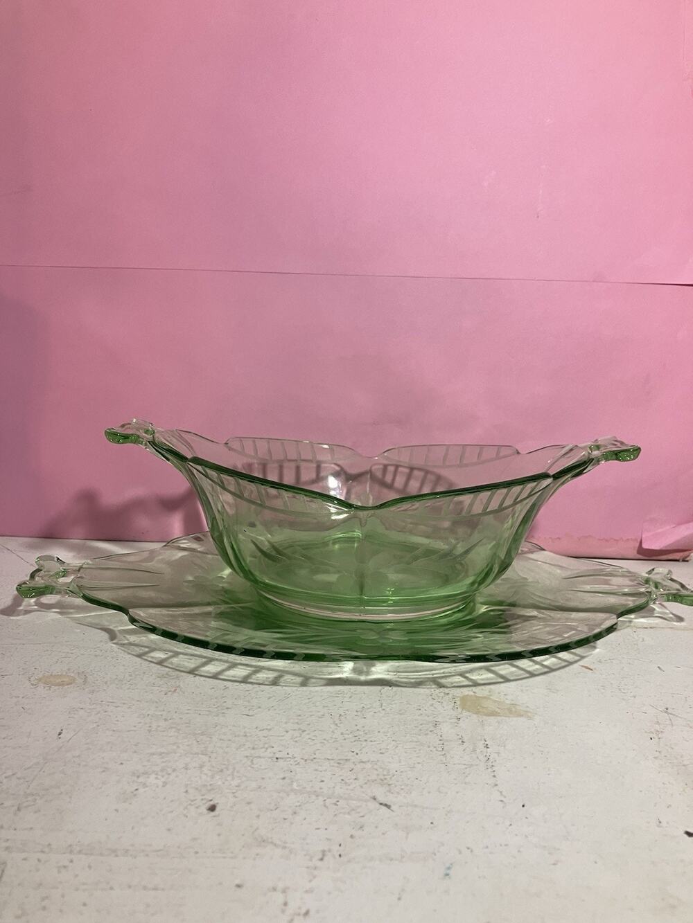 Antique 1930s Uranium Depression Glass Platter and Bowl Set of 2
